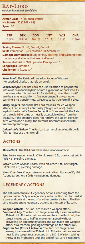 Rat-Lord Stat Block