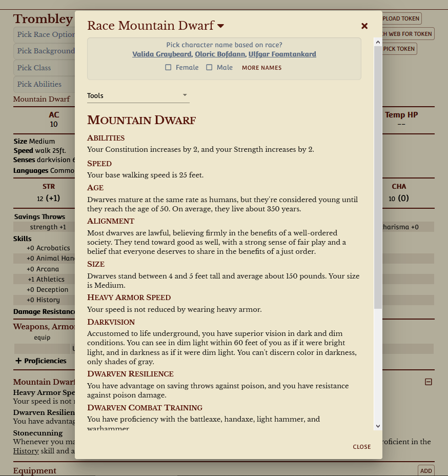 The Shard character creator is displayed with the Mountain Dwarf race and sub-race selected. The Mountain Dwarf characteristics, with a drop-down box for the Dwarf's Tool Proficiencies, display in front of the rest of the character sheet.