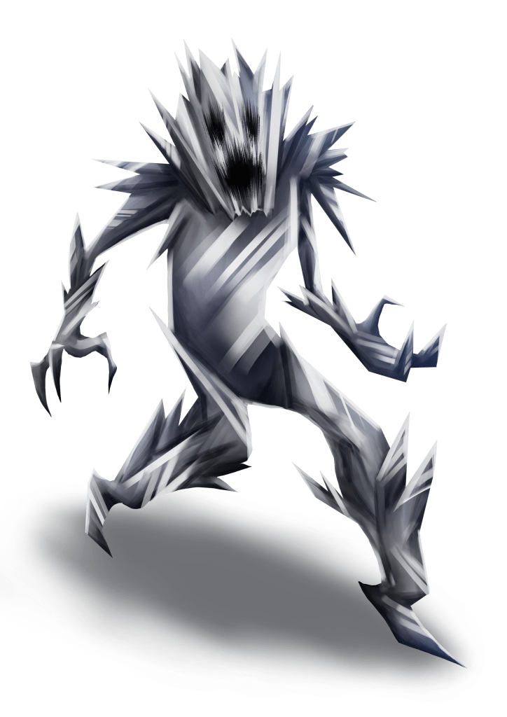 A silver-colored humanoid monster with clawed hands and empty voids for a mouth and eyes.